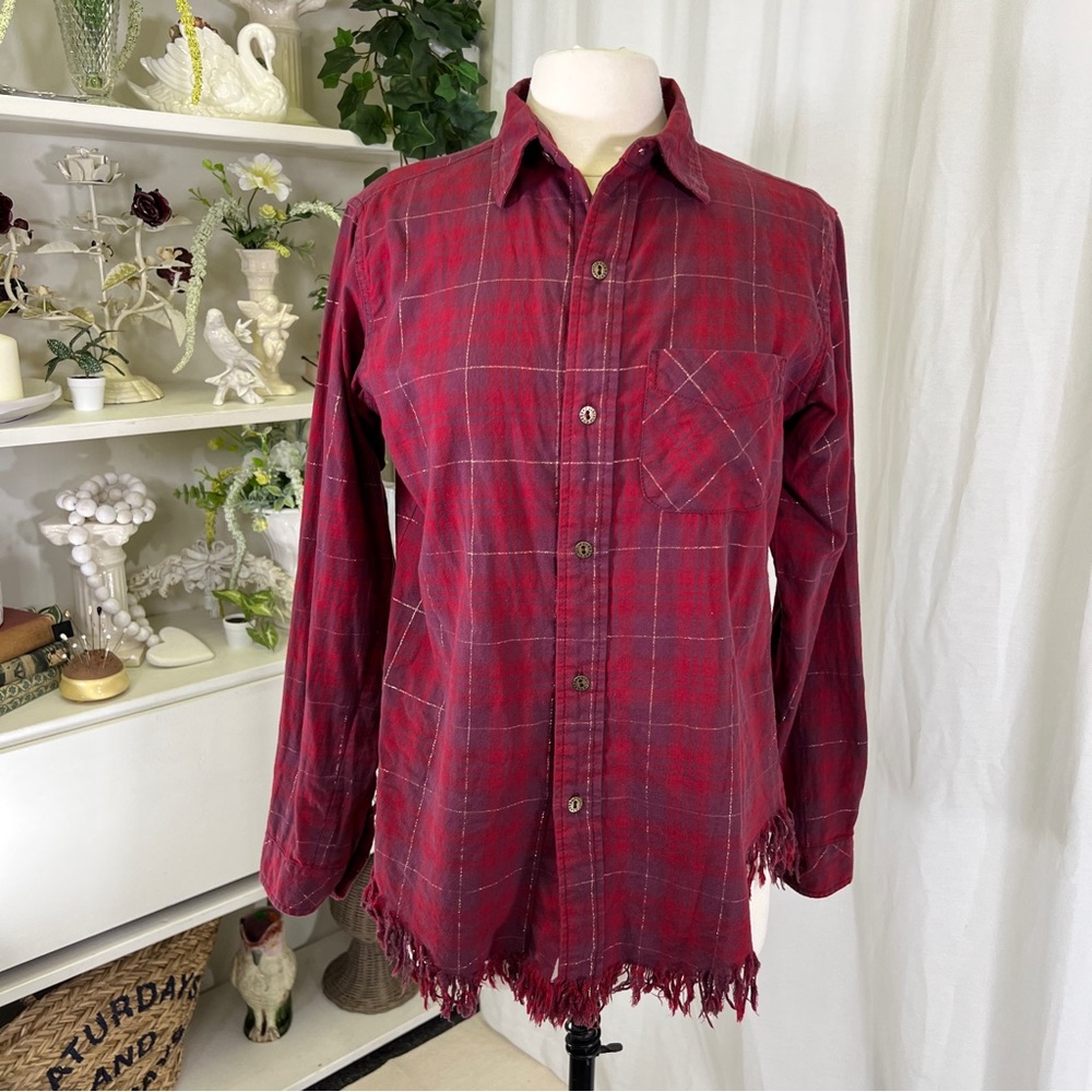 Current/Elliott Red Plaid Shirt With Gold Thread Asymmetrical Fringe